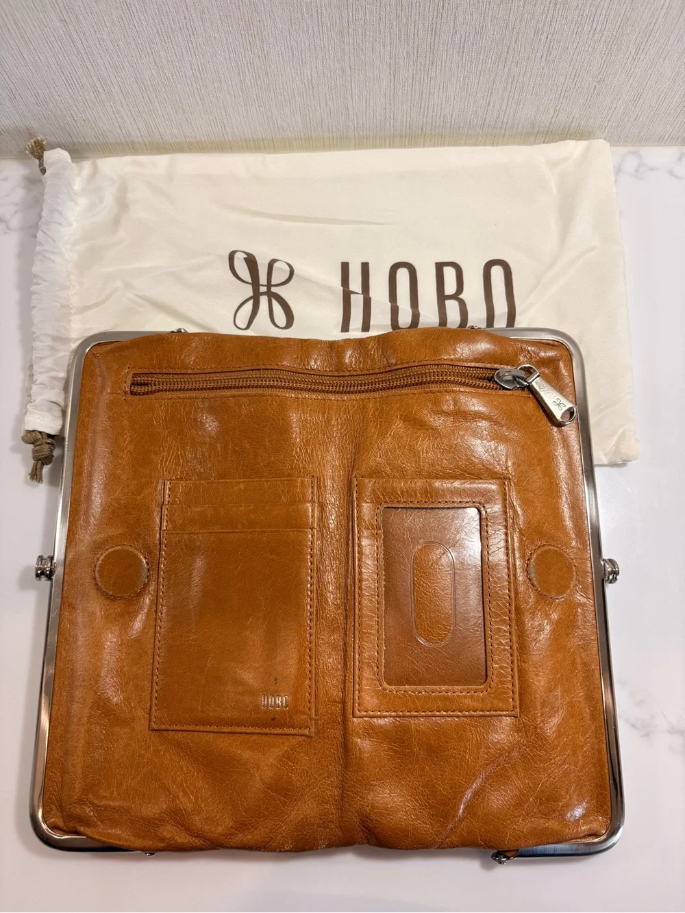 HOBO Cognac Leather Frame Clutch with Silver Hardware